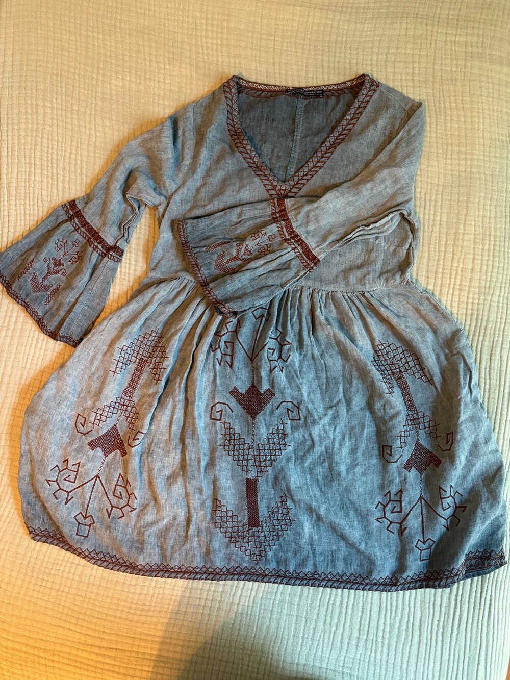 Peruvian Connection Women’s S Embroidered Boho Bell Sleeve Blue Tunic Dress